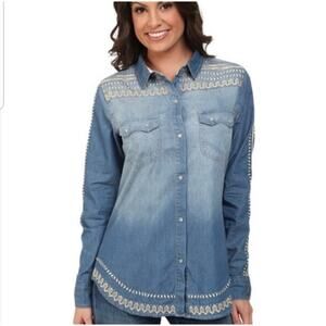 Tasha Polizzi Chambray Denim Embroidered Pearl Snap Buttons Western Shirt Small